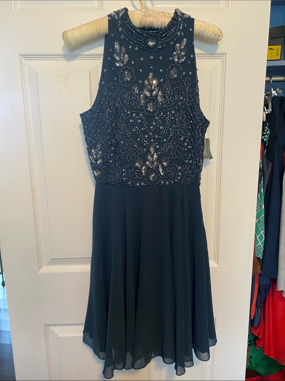 Simons Navy Beaded High-Neck Chiffon Prom Dress